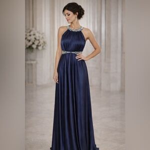 NEW Sequin Hearts Blue Formal Prom Dress Sz 5 Beaded Flowing Silky Gown Wedding